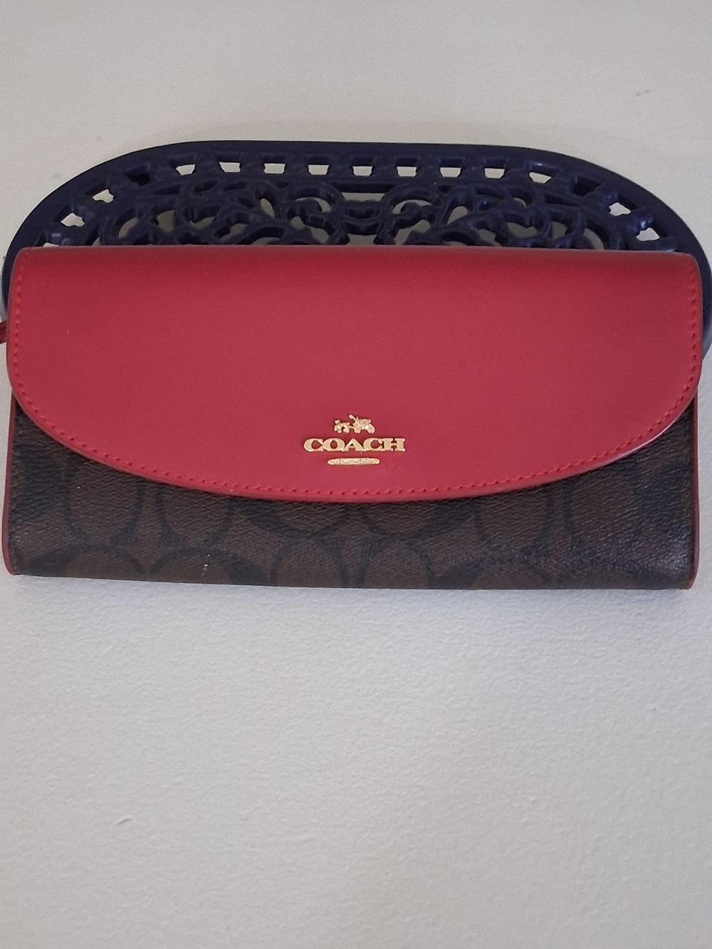 Coach Continental Wallet in Red Leather Flap with Signature Brown Canvas